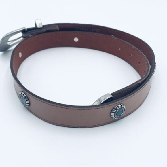 Omega Leather Belt Tan with Silver Tone & Aqua Detail Size Large Vintage Taiwan - Picture 5 of 8